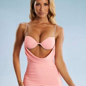 Oh Polly Blush Pink Draped Bodycon Dress with Embellished Straps